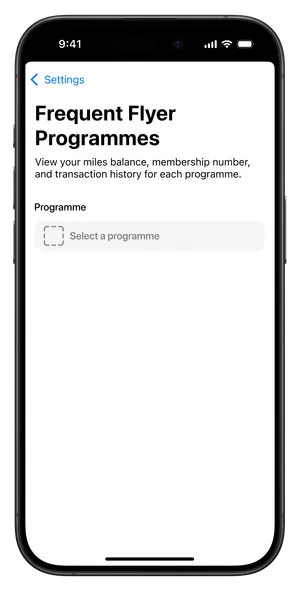 Frequent Flyer Programmes settings page