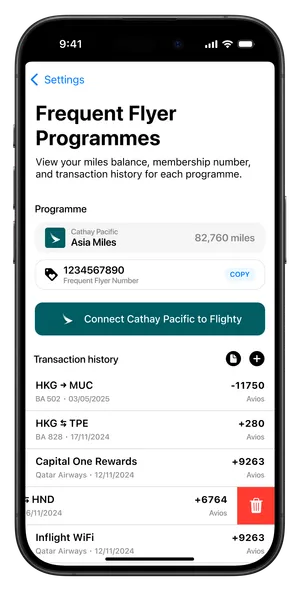 FFP settings with airline selected